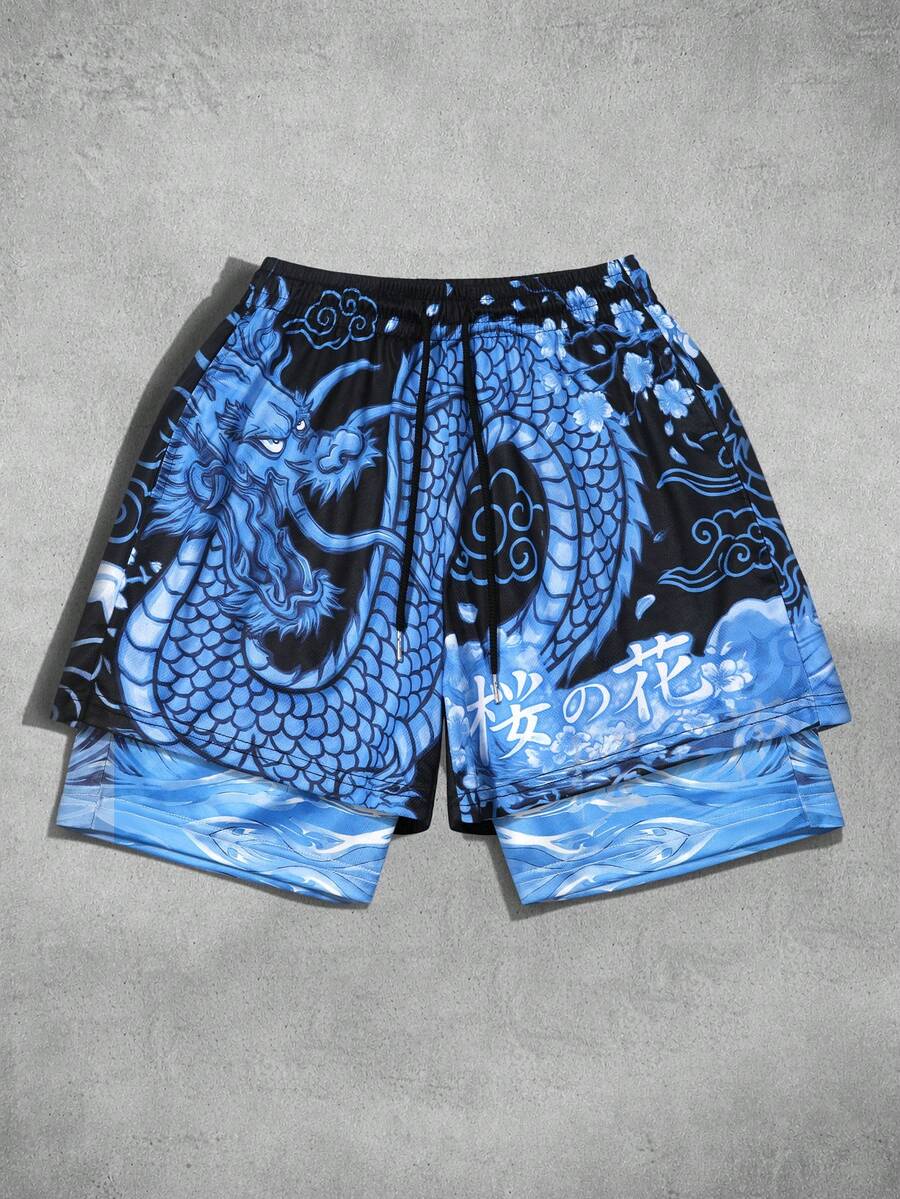 ROMWE MEN Anime Men's Summer Fashionable Street Dragon & Sakura Print Drawstring Waist Shorts - Black - View 1
