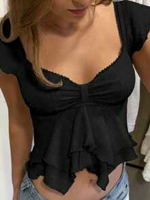 CovetEZ Sweetheart Neck Ruffle Hem T-Shirt,Summer Top - Black - View 2