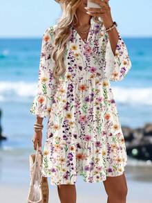 Sylviya Casual Minimalist Watercolor Floral Print Short Dress, Suitable For Summer, Vacation, Retro Style - Multicolor - View 3