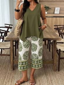 Weeklong Plus Size Women Spring/Summer Casual Vacation Solid Color Asymmetric Hem Tank Top And All-Over Print Pants Set - Multicolor - View 4