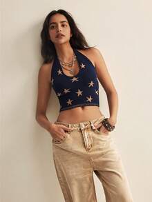 Easelle Áo hai dây kiểu retro casual với dây mảnh và họa tiết ngôi sao, thiết kế hở lưng dành cho nữ. - Nhiều màu - Xem 4