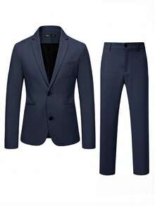 Calvornis Men's Simple Solid Color Button Long Sleeve Suit Jacket And Casual Pocket Pants Set, Ceremony, Formal - Navy Blue - View 4