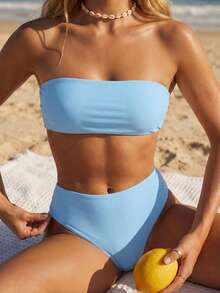 Swim Mod Bikini de 2 piezas con corte alto en los laterales, color azul claro, con escote halter y espalda descubierta, para vacaciones, primavera/verano 2026 - Celeste - Ver 2