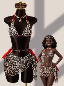 Zestiva 女士三件套泳衣：花卉豹纹链条吊带露背迷你连衣裙，性感沙滩度假装 - 彩色 - 查看 1