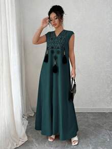 Rafferiza Vestido recto holgado con cuello en V, decoración con flecos y estampado gráfico bordado para mujer, ideal para vacaciones - lago azul - Ver 3