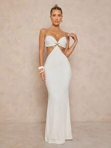 Lumalex 女士纯色金属装饰镂空性感约会中长款透明吊带裙 - 白色 - 查看 5