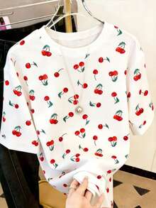 SHEIN LUNE Plus Size Women's Cherry Print Graphic Tees,Casual Summer Women - Multicolor - View 4