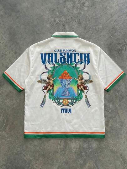SUMWON Camisa de estilo de vacaciones de verano con ajuste relajado, cuello con ribete de contraste verde, estampado gráfico en la espalda completa y manga corta con botones