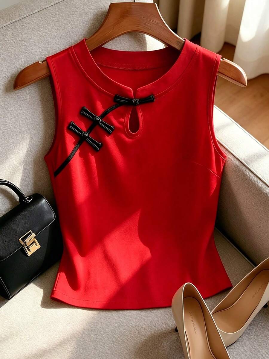 Franclia 新款中国风旗袍无袖上衣，立领，纽扣闭合，撞色滚边，女士衬衫，中国风服装，中国风，女士衬衫，女士春夏背心，女士性感吊带衫，无袖上衣，春夏服装，夏季服装，女士红色上衣，女士红色吊带衫 - 紅色 - 查看 1