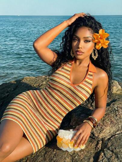 Slaydiva Đầm ngắn kiểu cổ yếm polo kết hợp áo tank top cổ chữ V với chất liệu vải móc họa tiết sọc cam và nâu, thích hợp cho kỳ nghỉ hè, đi biển, lễ hội âm nhạc, ngày Valentine, lễ Phục sinh, đám cưới, kỳ nghỉ theo mùa, trang phục thường ngày, tiệc bãi biển, tiệc trên du thuyền, phong cách cơ bản, thời trang, hẹn hò hàng ngày, đầm ngắn nữ - A