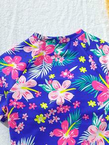 SHEIN Conjunto de traje de baño con estampado floral de manga corta para niña preadolescente, adecuado para playa, vacaciones, arena, recreación, vacaciones, viajes, verano - Multicolor - Ver 3