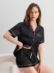 Hourtrue Contrast Piping Blouse & Bow Front Shorts PJ Set / Pajama Set Bow Tie - Black - View 1