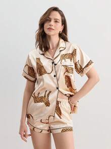 Hourtrue Bộ đồ ngủ lụa in họa tiết động vật báo - Rượu sâm banh - Xem 4