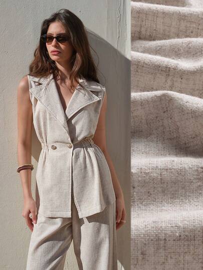 CasuGlow Women's Solid Color Pleated Sleeveless Top And Wide Leg Pants Casual Suit Set, Suitable For Vacation, Daily Commute And Outings Womens Linen Fashion Linen Two Piece Set Linen Outfit Resort Wear 2025 Summer Outfit Woman Summer Suits For Women Pants Suit Classy Suit Linen Vest Pants Set Beige Two Piece Set Linen Jumpsuit Women