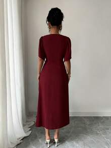 Rafferiza Solid Color Chiffon Cinched Waist Elegant Pleated Dress - Burgundy - View 2