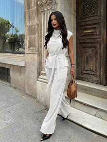 Firerie Women's White 2-Piece Set, Elegant Summer Office Turtleneck Cap Sleeve Shirt Elastic Waist Wide Leg Pants Set, Commuter Business Work Outfits - White - View 2