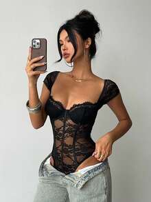 Aloruh 女士蕾丝拼接性感透视连体衣，适合约会之夜 - 黑色 - 查看 4