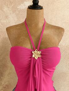 Soleia 女士不对称下摆贝壳装饰吊带背心，适合海滩度假和夏季穿着 - 玫紅色 - 查看 4