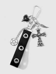 ROMWE 2 Y2k Retro Unique Personalized Heavy Industry Punk Dark Wind Goth Black Glossy Leather Metal Air Eye Hole Eye Wrist Strap Ancient Silver Demon Bat Wings Square Letters "Dark" Pin One Arrow Through The Heart Hollow Star Ring Dripping Oil Thorns Rose Love Uneven Skull Cross DIY Keychain Bag Pendant Pendant, Combination Set, Suitable For Women, Girls, Sisters, Girlfriends, Couples Daily Wear, Holiday Gifts - Black - View 13