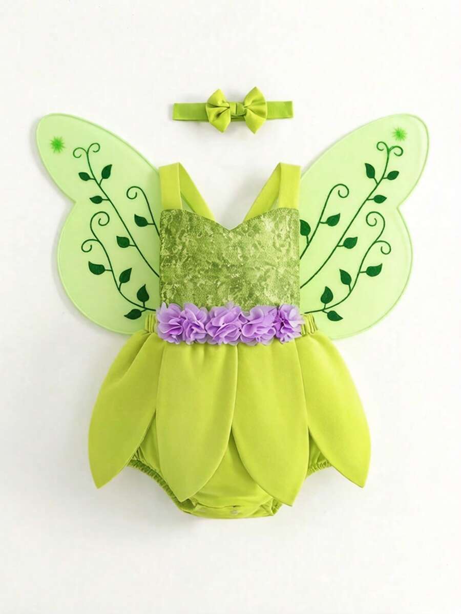 SHEIN Bộ 3 món cho bé gái: áo liền thân đính sequin in hoa kèm cánh và băng đô. - màu xanh lá - Xem 1