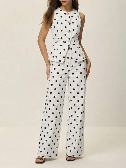 Poéselle Bộ vest và quần dài chấm bi dáng casual dành cho nữ, chất liệu denim.