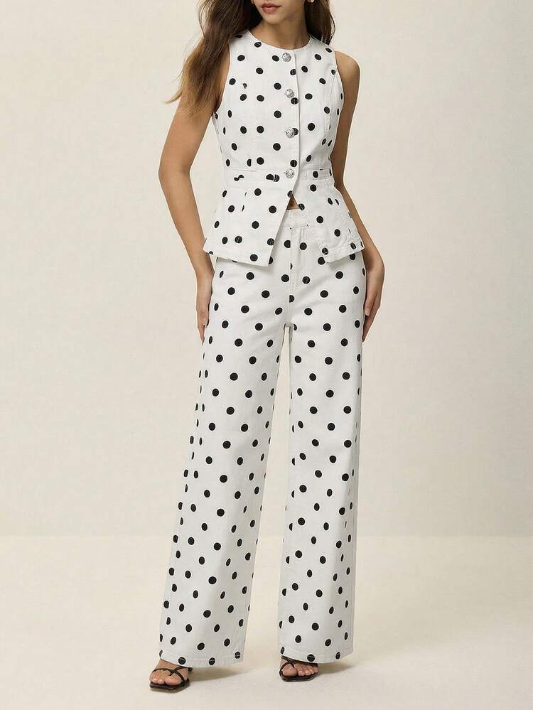 Poéselle Conjunto informal de chaleco y pantalones de mujer de un solo botonadura con estampado de lunares - Blanco y Negro - Añade 2