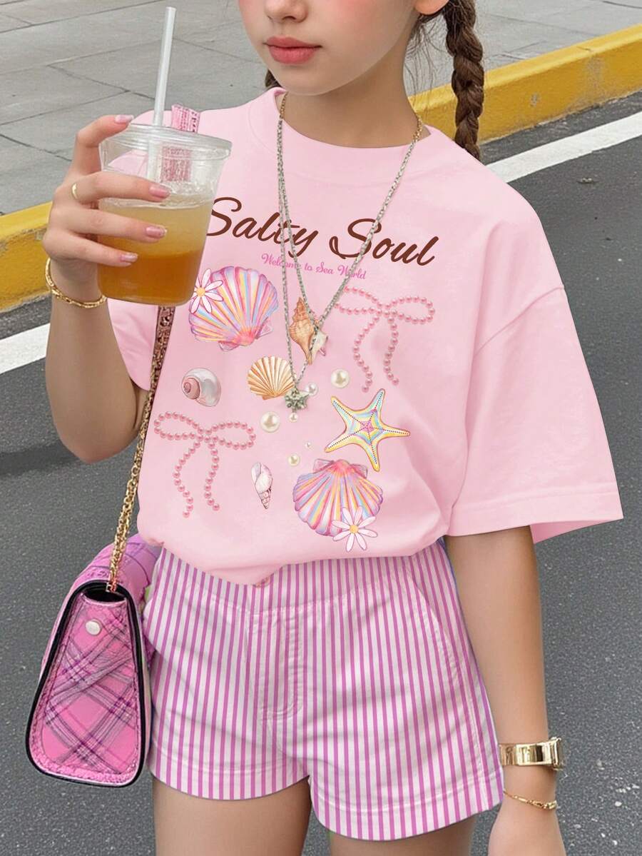 奶油粉色,Salty Soul甜美海星贝壳珍珠蝴蝶结图案少女休闲简约短袖圆领T恤,适合春夏日常穿着、街头风、外出、居家、度假、返校季等场合。 - 彩色 - 查看 1