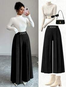 Elenzga New Women's High Waist Side Zipper Decor Button Design Wide Leg Pants, Elegant Casual Daily Wear, Spring/Autumn - Black - View 3