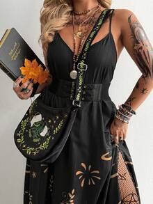 SHEIN Whyspr Plus Size V-Neck A-Line Floral Print Dress, Dark Aesthetic Gym Brown Summer - Black - View 6