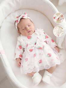 SHEIN Vestido elegante de primavera/verano para bebés niñas recién nacidas, de manga larga y cuello redondo, con estampado de lazo de fresa, decoración de loto 3D, puño con volantes, falda de malla, estilo princesa adorable, tela suave y cómoda, adecuado para uso diario o juego al aire libre de bebés niñas de 0 a 9 años - Rosa - Ver 3