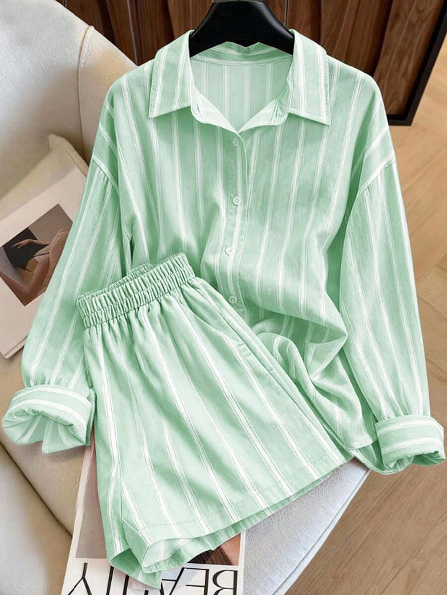 Resyla Bộ 2 món áo sơ mi và quần short dáng rộng phong cách vintage, thời trang đa năng. - Màu xanh Bạc hà - Xem 1