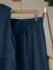 Rusticease Plus Size Women's 2pc Set Navy Blue Summer Boho Vacation Holiday,Lace Patchwork Round Neck Sleeveless Top And Wide Leg Pants,Comfortable - Dusty Blue - View 4