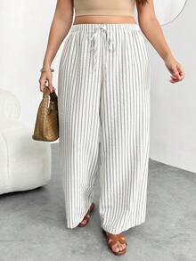 Enliva Pantalon ample et décontracté à rayures et jambes larges pour femmes en surpoids, pour les formes en pomme et arrondies - Nude - Voir 4