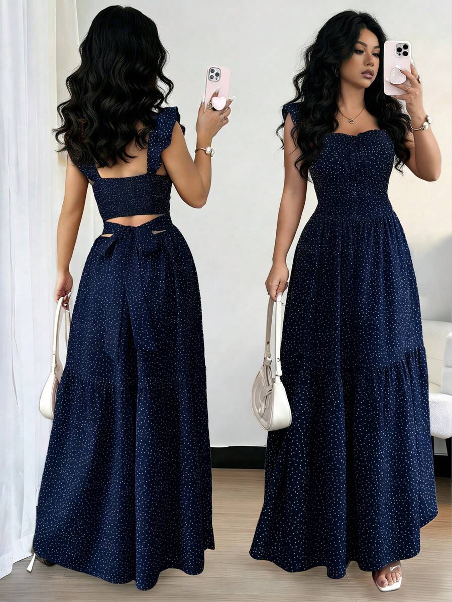 Rafferiza Đầm chấm bi nữ kiểu dáng thường ngày, thích hợp cho mùa hè. - Màu xanh hải quân - Xem 1