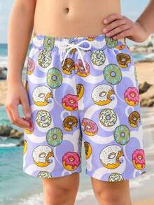 SHEIN 男童休闲时尚连体泳裤，甜甜圈印花，抽绳可调节腰带，适合游泳、海滩、泳池、暑假、假日和休闲活动。 - 彩色 - 查看 1