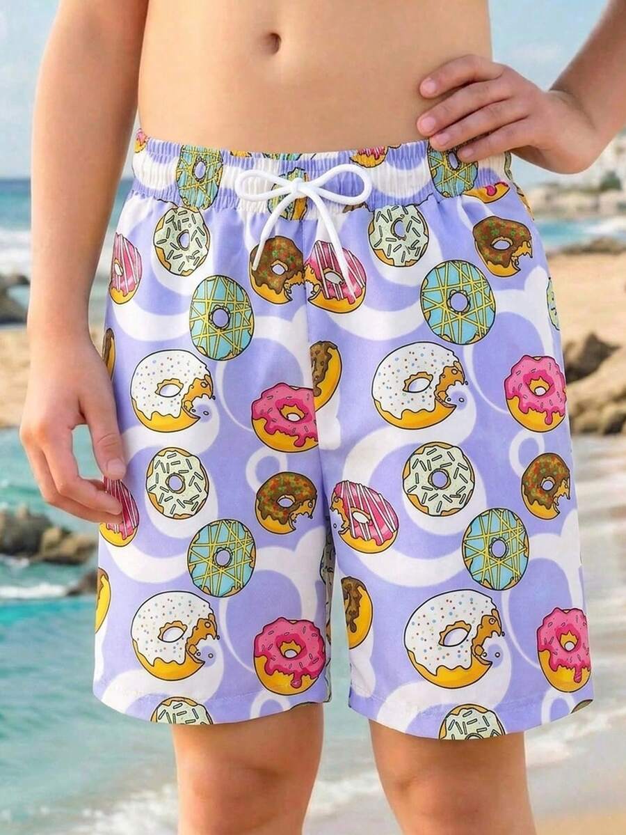 SHEIN 男童休闲时尚连体泳裤，甜甜圈印花，抽绳可调节腰带，适合游泳、海滩、泳池、暑假、假日和休闲活动。 - 彩色 - 查看 1