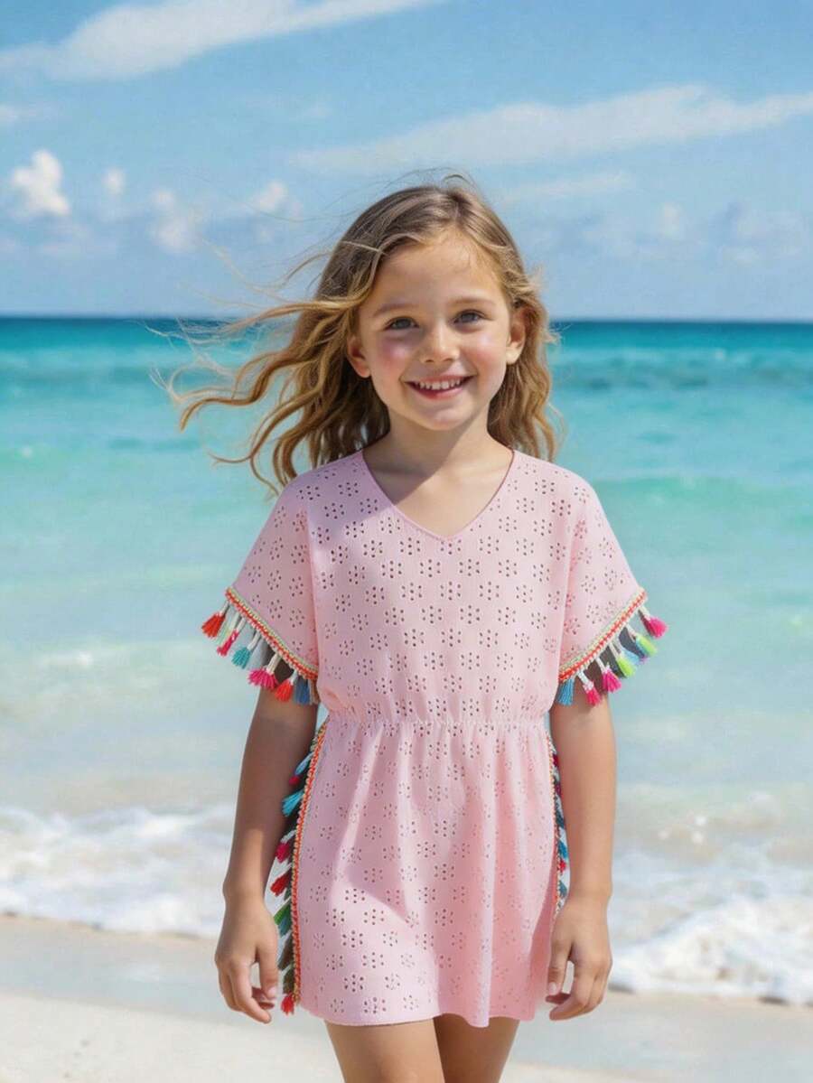 Cubrecuerpo de ganchillo con encaje para niñas, vestido colorido con flecos a la moda y lindo, adecuado para verano, playa, vacaciones - Rosa - Ver 1