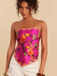 Travachic 热带印花系带露背抹胸度假上衣 - 玫紅色 - 查看 4