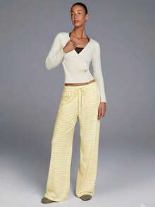 Fluxe Women's Striped Drawstring Waist Casual Versatile Daily Wear Wide Leg Pants Summer Outfits Summer Outfits Beach Outfits Casual Sets For Women Holiday Outfits Women's Sportswear Workout Sets For Women Yellow Striped Pants - Light Yellow - View 5