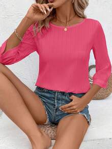 EMERY ROSE Blusa casual de mujer de unicolor con cuello redondo y manga 3/4 - Rosa Fucsia - Ver 7