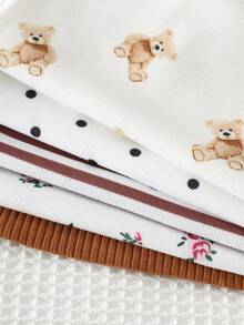 Cozy Pixies 5件套女婴幼儿可爱卡通针织纯色、波点、花卉、小熊印花吊带连体衣套装 - 彩色 - 查看 4