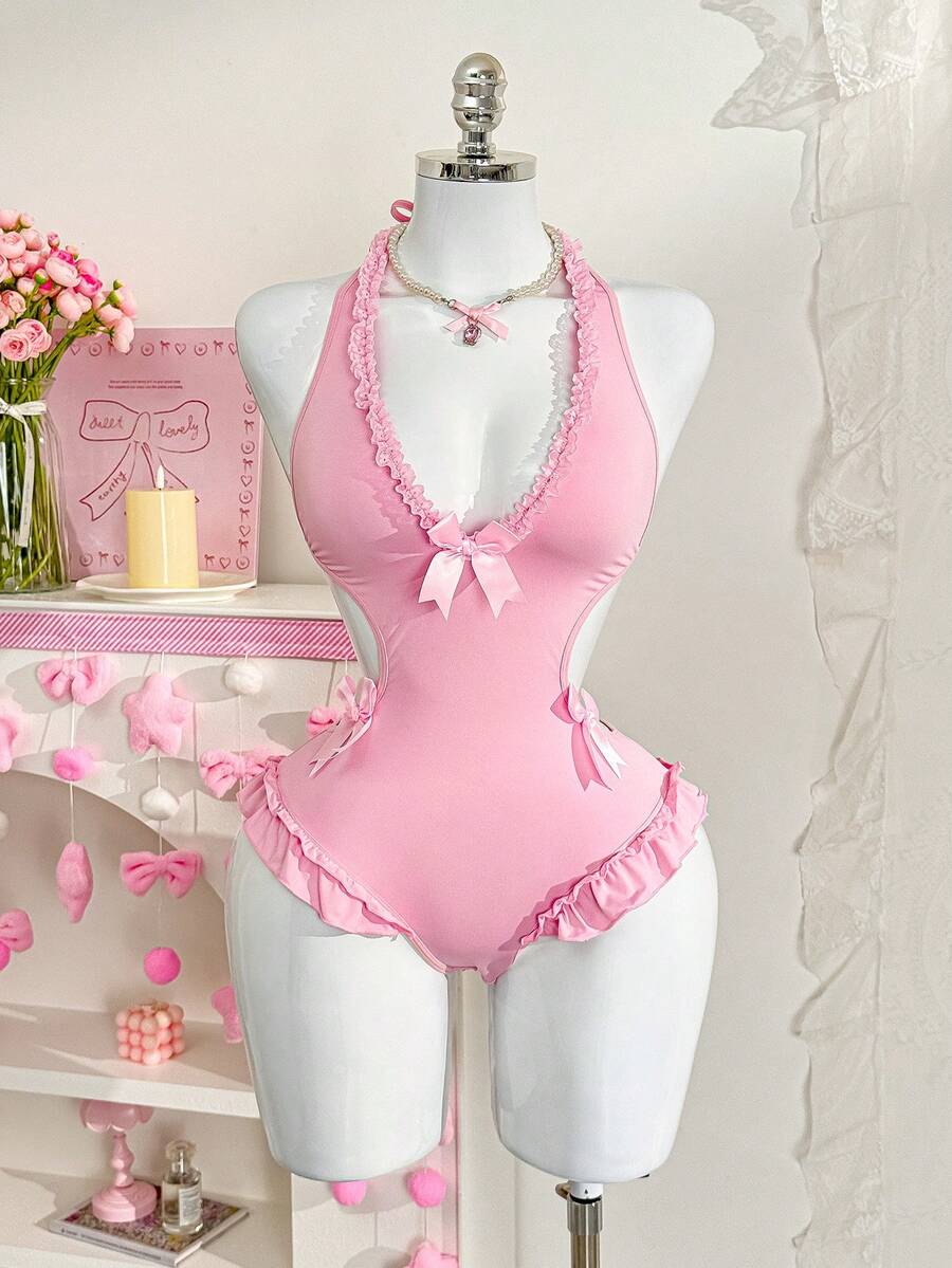 PetitDoll Women's Sweet Sexy Deep V-Neck Ruffle Halter Jumpsuit - Pink - View 1