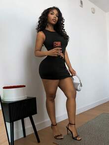 BamGleam Short-Sleeved Round-Neck Open-Back Strapless Summer Mini Tight Dress For Women,Techno Club Club Night Rave Night Rave Beach Vacation Holiday Techno - Black - View 7