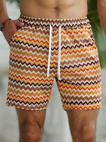 VENTUSAIL Men's Drawstring Waist Wavy Pattern Casual Versatile Daily Wear Shorts - Khaki - View 6