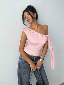 Aloruh Black Chicken Eye Decor Asymmetric Shoulder Sleeveless Solid Color Knit T-Shirt - Baby Pink - View 6