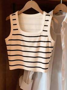 Airaco 夏季新款方领条纹女式吊带背心，黑白条纹无袖上衣，休闲度假约会装扮 - 白色 - 查看 7