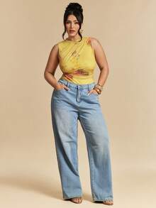 SHEIN BAE Áo liền thân nữ cỡ lớn in hoa màu vàng, có bèo nhún. - Màu vàng - Xem 1