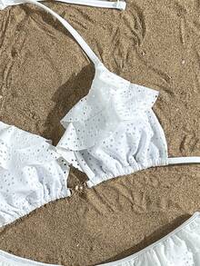 Swim Mod Bộ bikini hai mảnh màu trơn dành cho nữ, kiểu dáng khoét rỗng, viền bèo nhún, cổ chữ V, buộc dây cổ, thích hợp cho mùa hè. - trắng - Xem 6