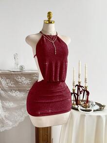 SHEIN PETITE Đầm ngắn gợi cảm hở lưng, dây buộc, chất liệu vải bóng, thích hợp cho kỳ nghỉ hè. - Đỏ - Xem 1