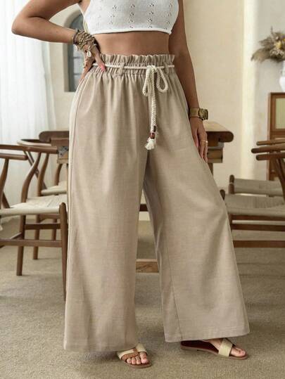 Ceyna Plus Size Women's Elegant Khaki Ruffled Waist Rope Belt Long Wide Leg Pants, Spring/Summer Working Pants For Women Wrap Around Pants Women's Trousers Summer Work Pants Boho Pants For Women Summer Outfits For Women Pants Summer Clothes Pants Baggy Wide Leg Pants Wide Leg Pants Woman High Waist Loose Pants For Women Beach Cover Up Pants Linen Pants For Beach Wide-Legged Trousers For Women Yoga Trousers Wide-Leg Pants For Women Bohemian Trousers Yogo Pants Linen Pants Women High Waist Zenske Pantal